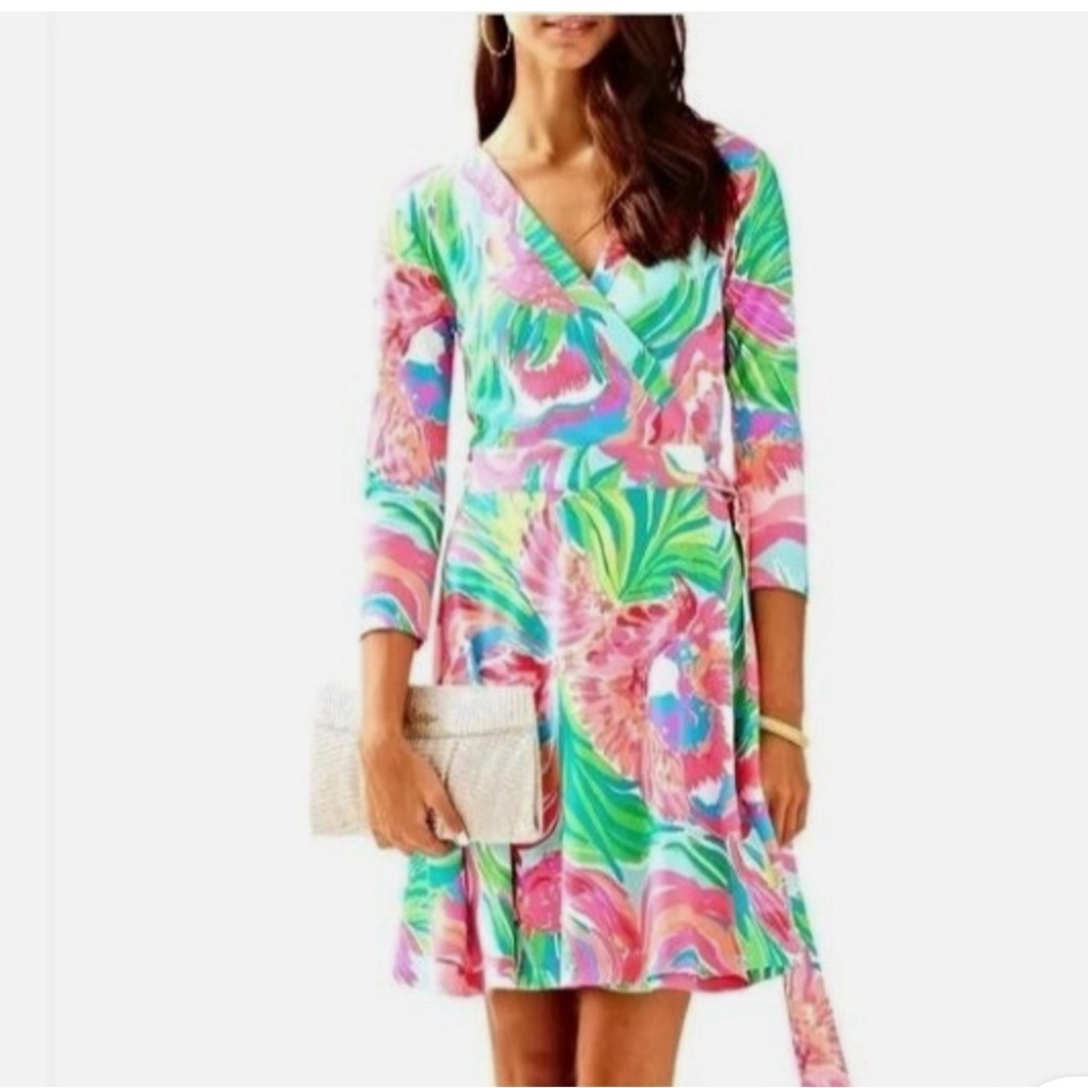 Lilly Pulitzer Emelia Wrap Serene Blue Paradise Bound Dress NWT Size L